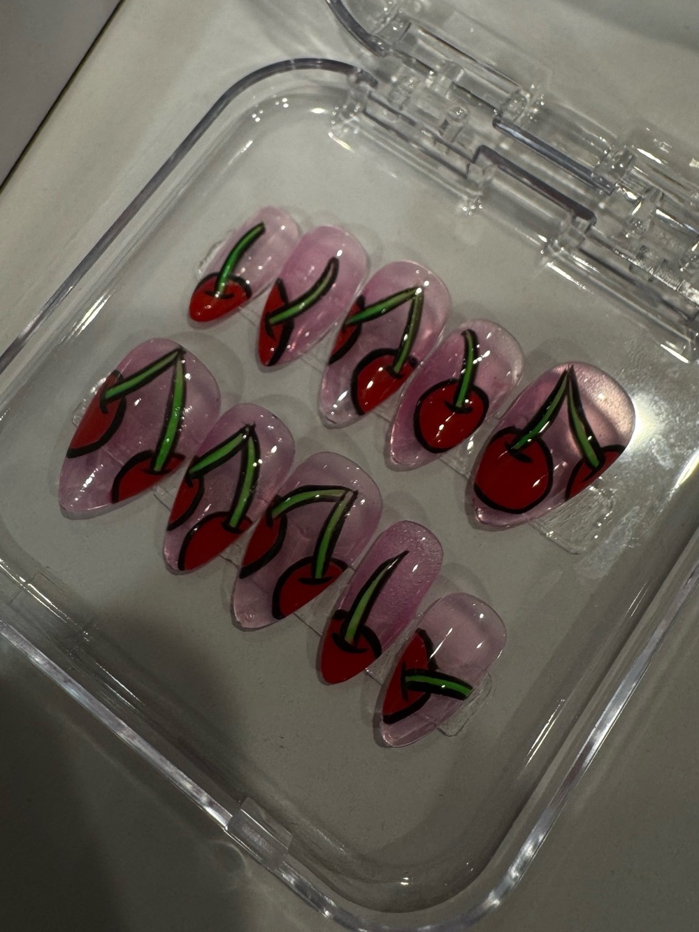 Handmade crystal pink cartoon cherry nails